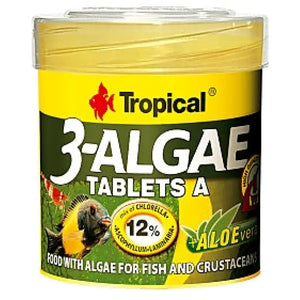 Contenitore giallo di Tropical 3 Algae Tablets A pesce con alghe kelp per tratto digerente